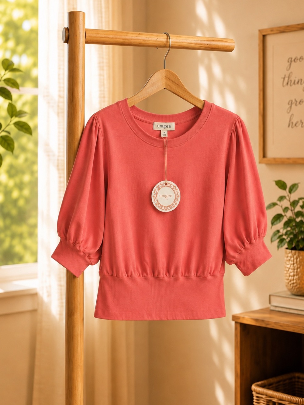 Umgee Coral Red Puff Sleeve Blouson Top NWT 100% Cotton Boho Size Medium